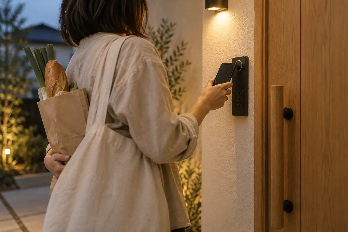 夕方の玄関先。買い物袋を抱えた人が、ドアの横の読取部にスマートフォンをかざしている（暮らしのイメージ）