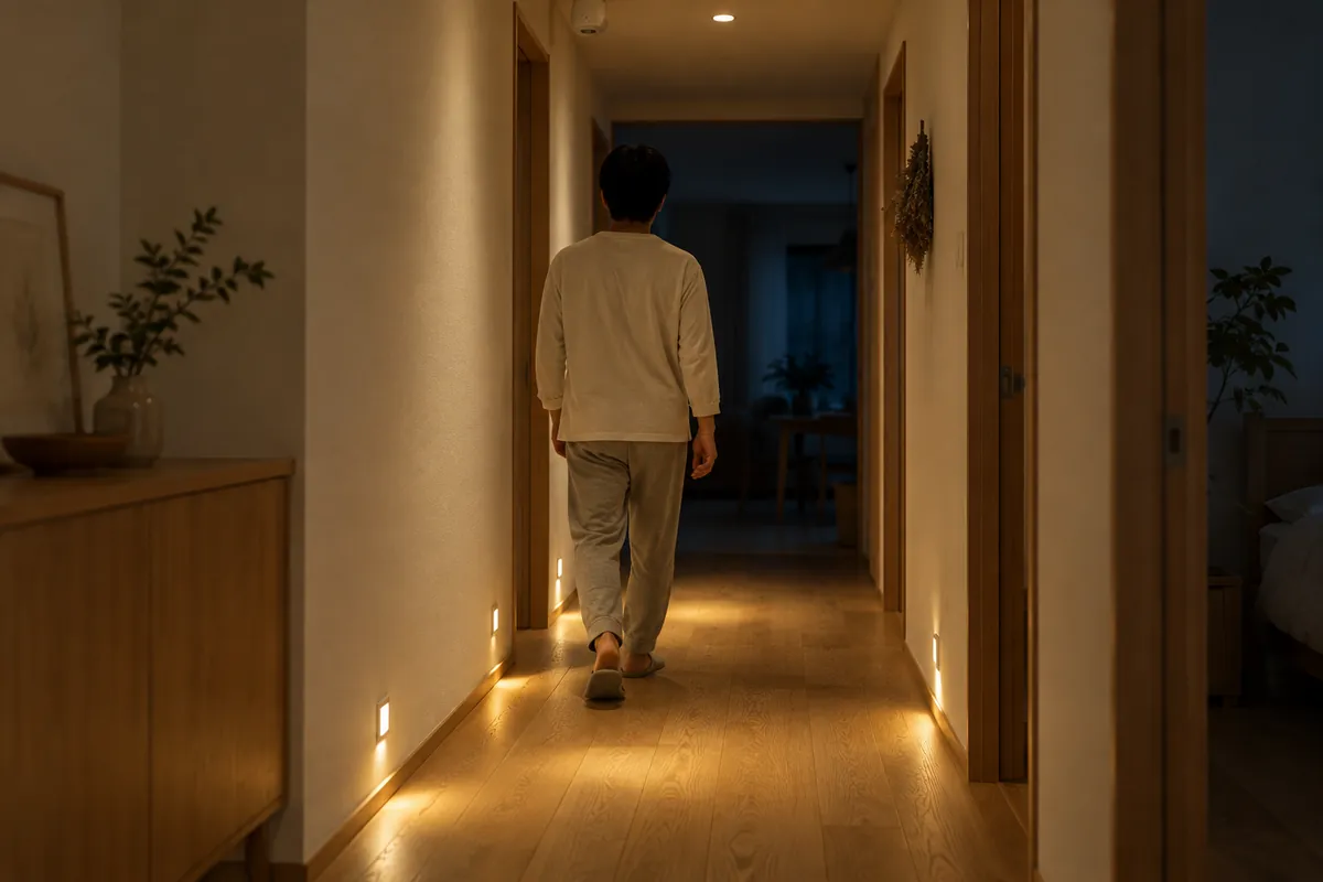 夜の廊下。歩いていく人の足元を、壁の下のあかりが照らしている（暮らしのイメージ）